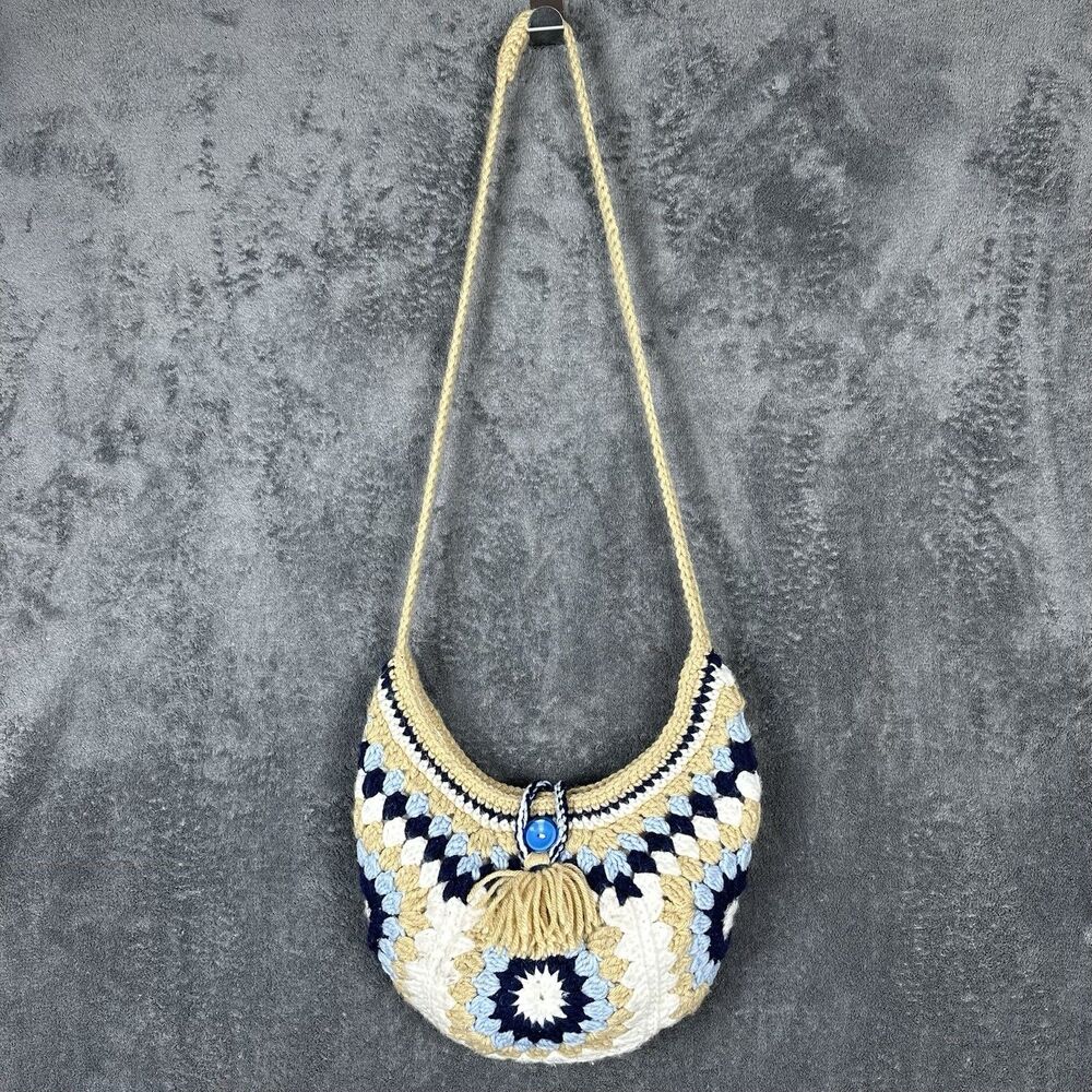 Crocheted Granny Square Purse Crossbody Bag Handbag Lined - BOHO/Vintage STYLE